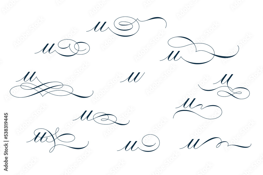 Fototapeta premium Set of beautiful calligraphic flourishes on letter u isolated on white background for decorating text and calligraphy on postcards or greetings cards. Vector illustration.