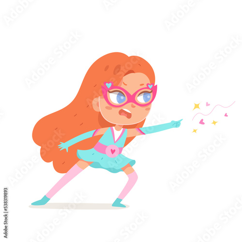 Cute brave and strong girl superhero, funny super child in hero costume, mask glasses