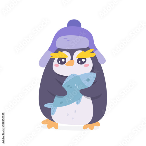 Cute penguin eating fish, funny happy animal character fishing and hunting in winter