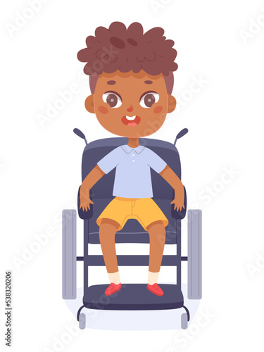 Disabled kid in wheelchair, cute boy sitting in medical chair with wheels for movement