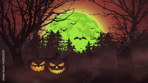 Halloween night background. Scary cemetery and full moon. Vector banner