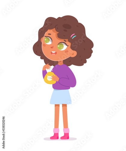 Confused girl in doubt holding purse with money and thinking about future shopping