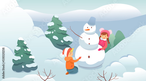 Cute happy friends play outdoor in Christmas winter season, two kids building snowman