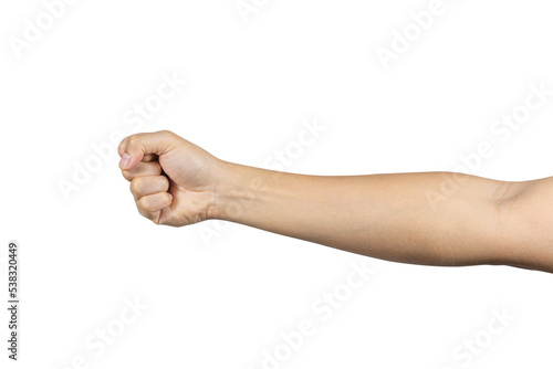 Man hand with fist gesture isolated on white background. Clipping path included photo
