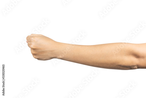 Man hand with fist gesture isolated on white background. Clipping path included