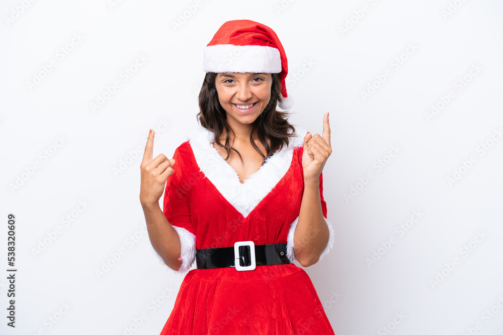 Young hispanic woman dressed as mama noel isolated on white background pointing up a great idea Young hispanic woman dressed as mama noel isolated on white background pointing up a great idea