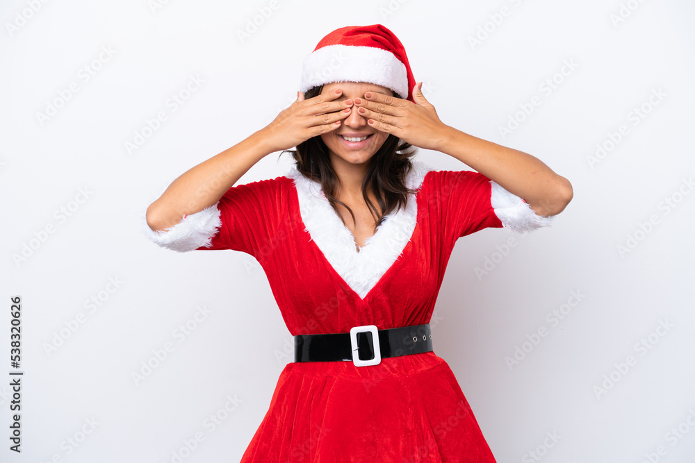 Young hispanic woman dressed as mama noel isolated on white background covering eyes by hands Young hispanic woman dressed as mama noel isolated on white background covering eyes by hands