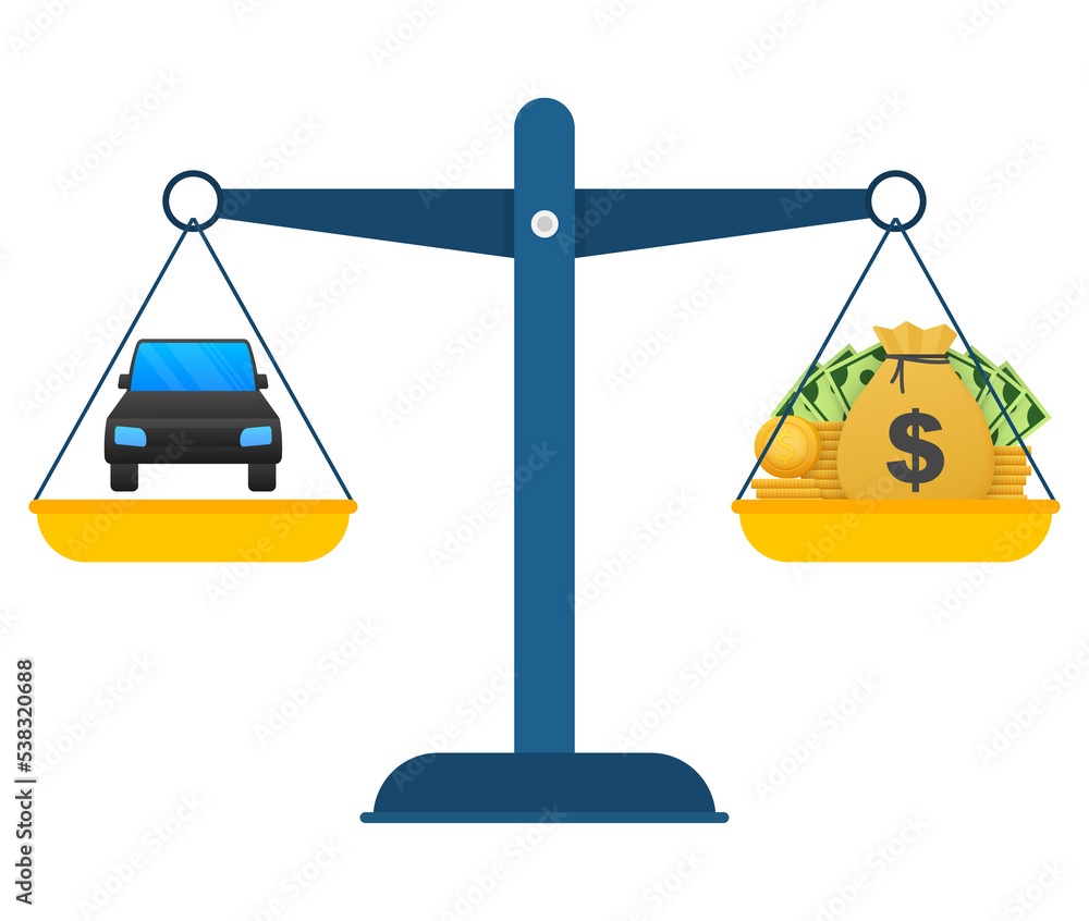Money vs car vector illustration. Flat icon on white backdrop. Flat vector cartoon money illustration. Money vs car vector illustration. Flat icon on white backdrop. Flat vector cartoon money illustration.