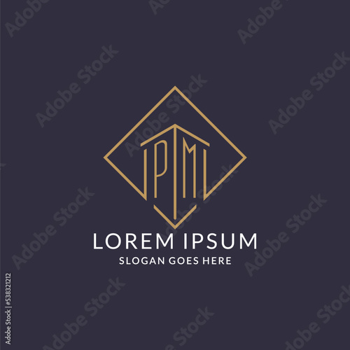 Letter PM logo with rhombus square line shape, luxury modern logo style