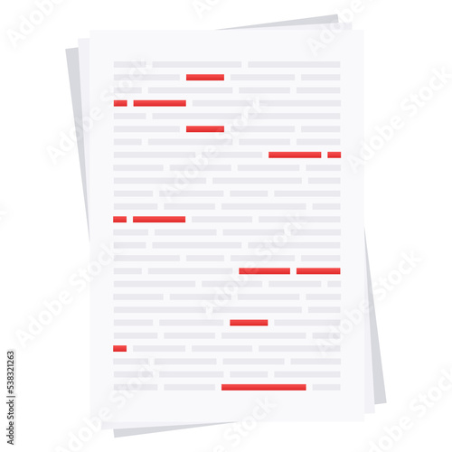 Proofreader checks transcription written text. Editing documents to correct errors. Vector stock illustration.