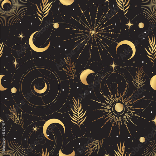 Gold seamless pattern and boho astrology. Mystical and bohemian symbols of the crescent and stars.