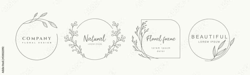 Logo templates in minimal linear style with hand drawn flowers,leaves and branch.Elegant floral frame. Delicate botanical trendy vector illustration for labels, corporate identity, wedding invitation
