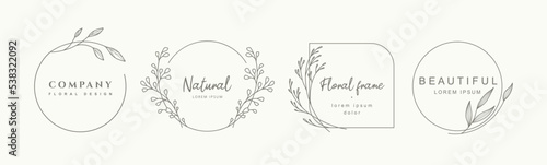 Logo templates in minimal linear style with hand drawn flowers leaves and branch.Elegant floral frame. Delicate botanical trendy vector illustration for labels  corporate identity  wedding invitation