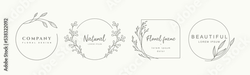 Logo templates in minimal linear style with hand drawn flowers,leaves and branch.Elegant floral frame. Delicate botanical trendy vector illustration for labels, corporate identity, wedding invitation