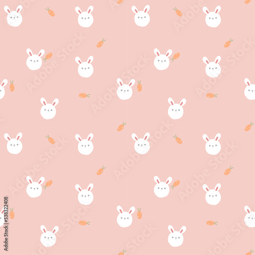 seamless cute animal pet bunny rabbit head repeat pattern with carrot  in pink background, flat vector illustration cartoon charater design