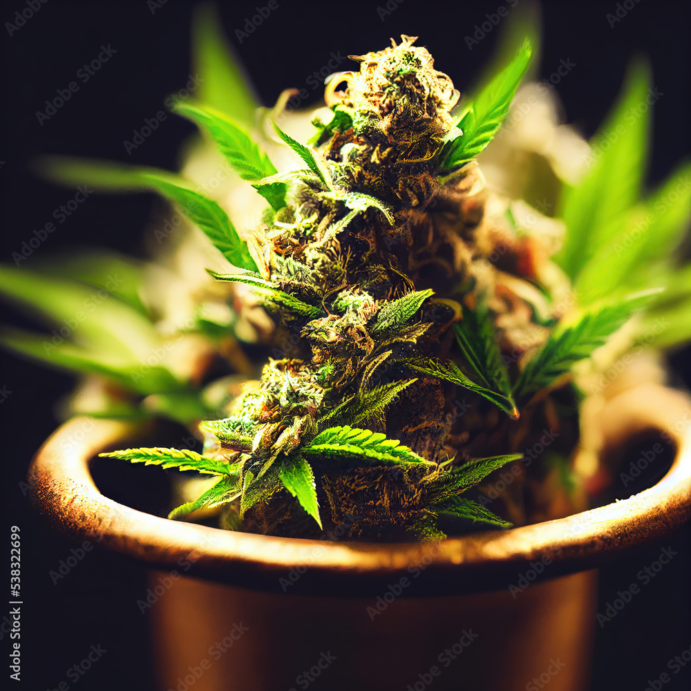 pot of Cannabis Marijuana strain with visible hairs and leaves on late