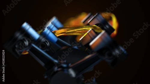 3d footage with car engine working. Concept of motor with oil lubricant splash and flow.