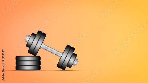 Dumbbell with disks on a yellow, gradient background. Shadow. Copy space. Place for text. Sports equipment, gym, fitness. Sports