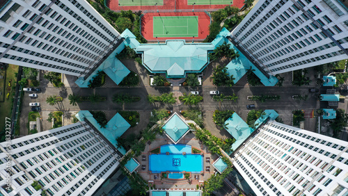 Top down view of residential apartment building in Jakarta. Birds eye view skyscrapers