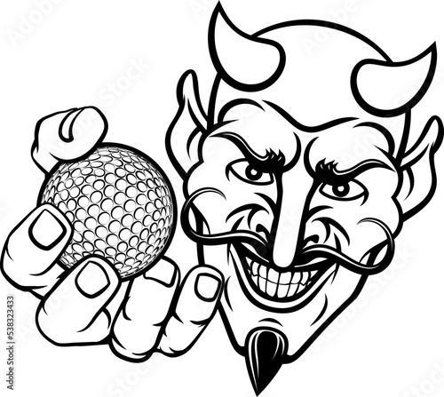 A devil or satan golf sports mascot cartoon character holding a ball