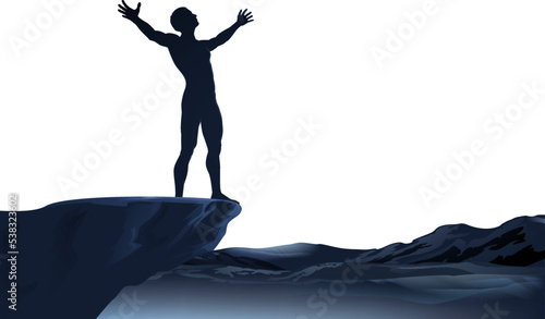 A man standing silhouette with arms up raised possibly in praise or worship or just happiness