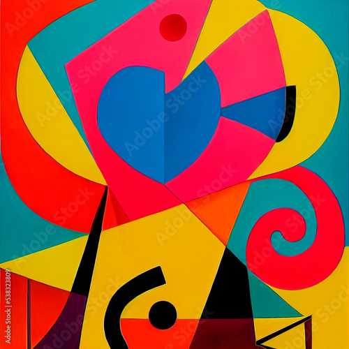Abstract painting in the style of cubism, female portrait. A young woman in vibrant colors on a square canvas.
