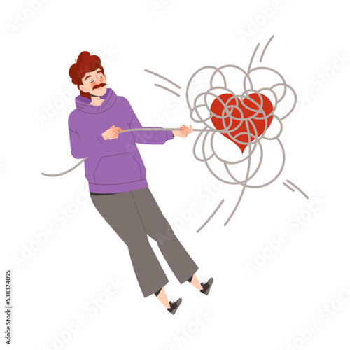 Mustached Man Pulling Entangled Around Heart Rope Having Relationship Problems Vector Illustration