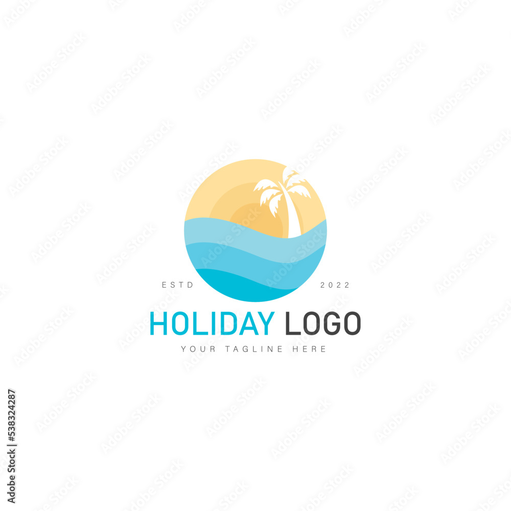 Circle with sea, coconut trees and sunset logo design icon illustration