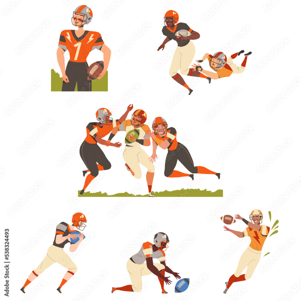 Man Rugby Player Playing American Football Game Running with Oval Ball Vector Set Man Rugby Player Playing American Football Game Running with Oval Ball Vector Set