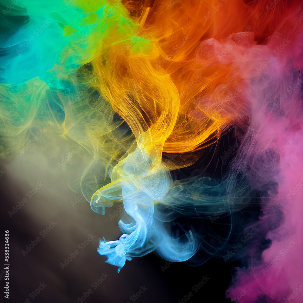 Fototapeta premium Smoke of various colors has a red-yellow-blue color on a dark background.