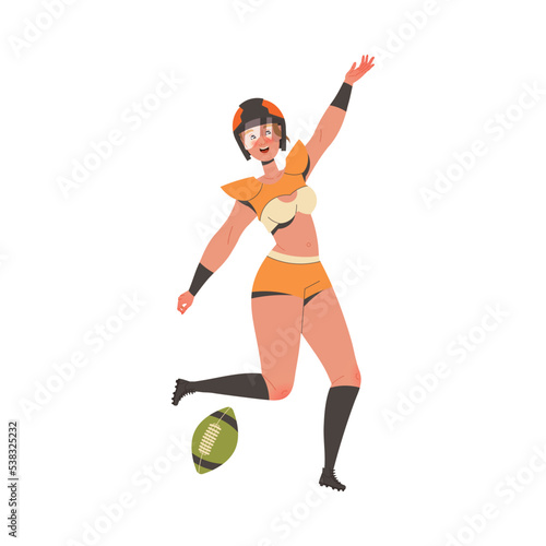 Woman Rugby Player in Helmet and Uniform Playing American Football Game Running with Oval Ball Vector Illustration