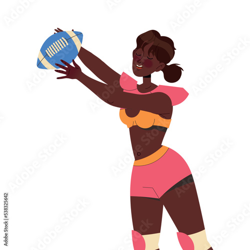 African American Woman Rugby Player in Uniform Playing American Football Game Catching Oval Ball with Hand Vector Illustration