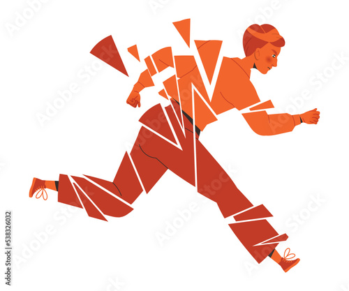 Stressed Man Character Running with Red Body Broken to Pieces Feeling Anger and Resentment Vector Illustration