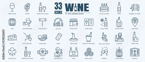Wine icon set with stroke and white background. Thin line style stock of Grape, Glass, Barrel, Cheese, Vineyard icon. Design signs for restaurant menus, web pages, mobile apps and packaging.