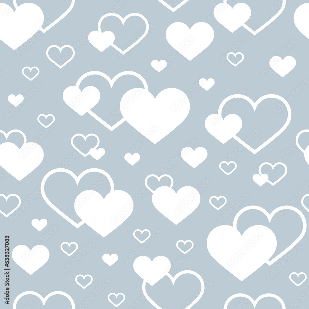 Seamless vector pattern. White hearts and outlines hearts on a gray background. Holidays illustration. For holiday designs, greeting cards, prints, designer packaging, stylish textile, and fabric.