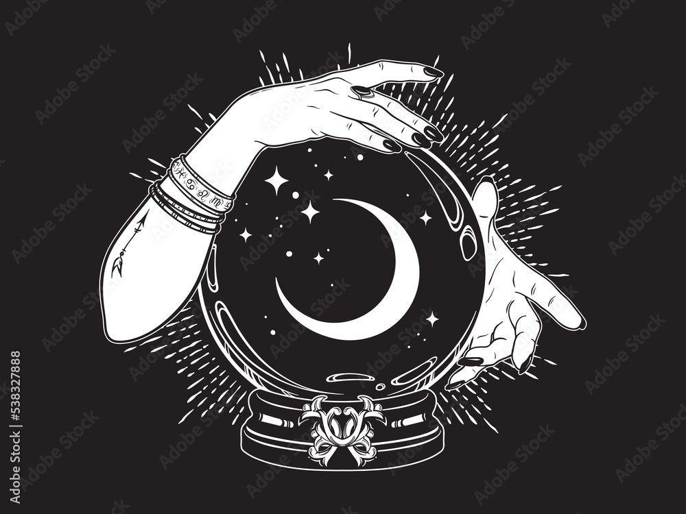 Magic crystal ball with crescent moon and stars in hands of fortune ...