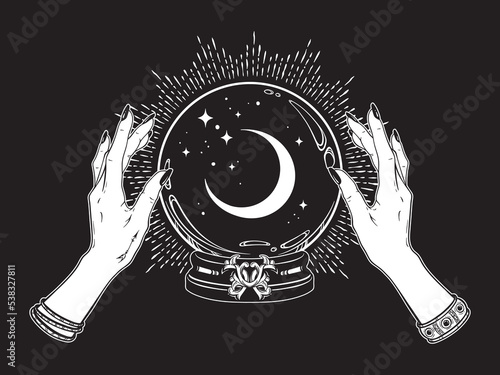 Magic crystal ball with crescent moon and stars in hands of fortune teller line art and dot work. Boho chic tattoo, poster or altar veil print design vector illustration