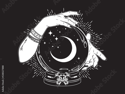 Magic crystal ball with crescent moon and stars in hands of fortune teller line art and dot work. Boho chic tattoo, poster or altar veil print design vector illustration