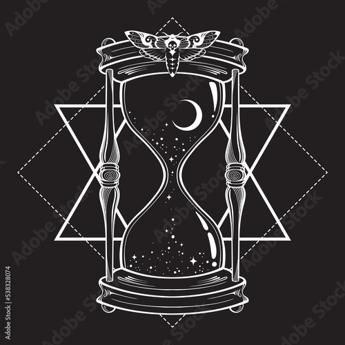 Hand drawn line art hourglass with moon and stars isolated boho sticker, print or blackwork tattoo design vector illustration.