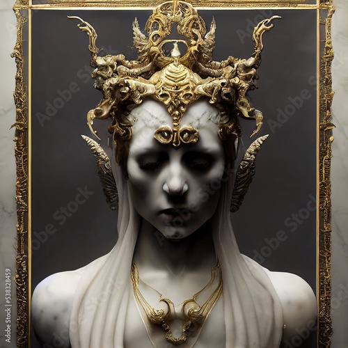 a white marble horror stature with golden filigree details on a black glowing background, dark, skeleton, filigree frame, skull, generative ai photo