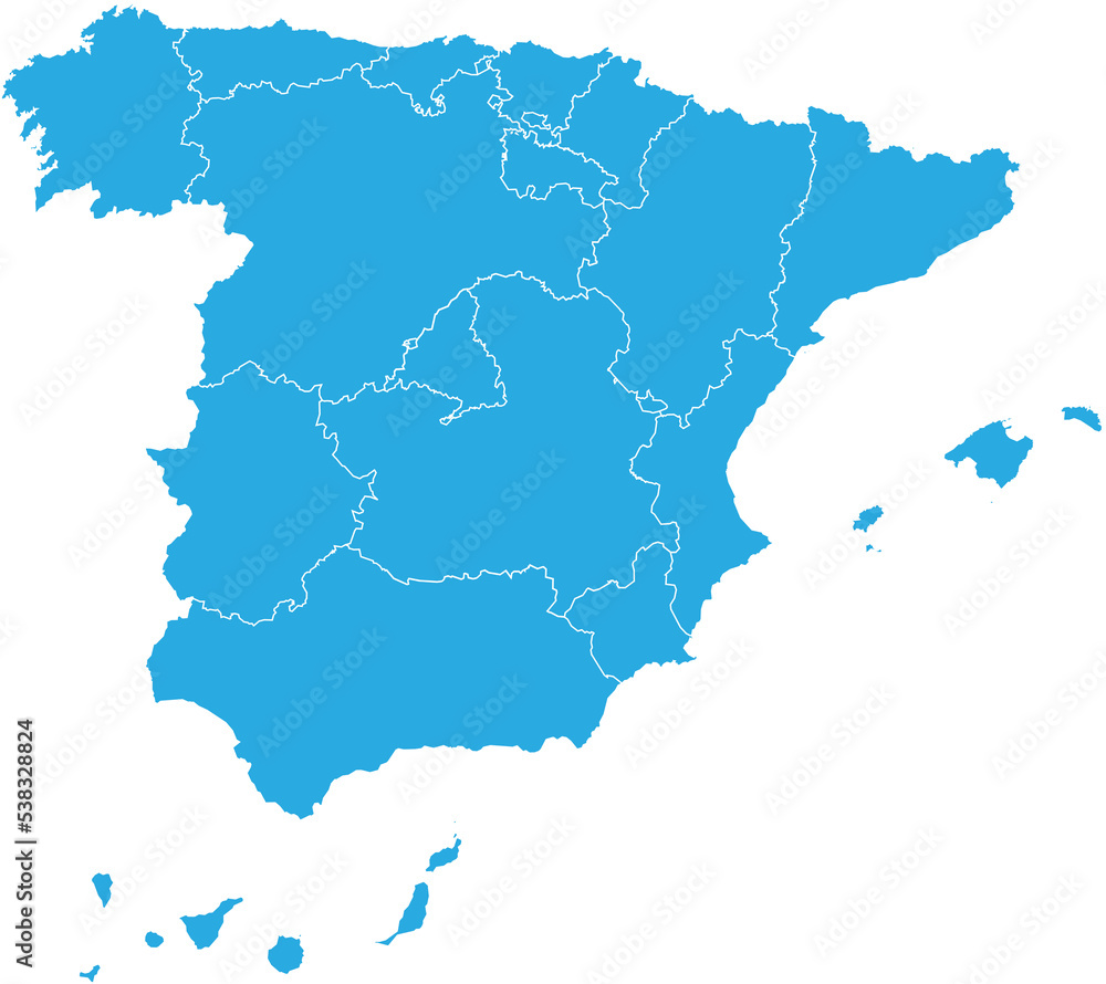 spain map. High detailed blue map of spain on transparent background.