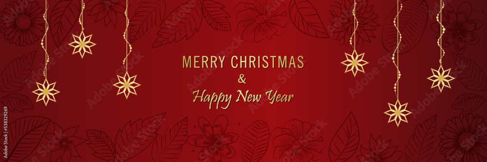 Merry Christmas and Happy New Year, Winter holidays background with flowers, leaves, and snowflakes. Floral Banner or flyer with golden stars. Happy new year greeting. Website header promotion graphic