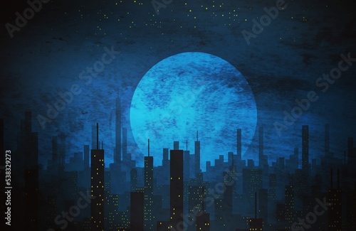 once in a blue moon a futuristic city skyline against a dramatic sky © john