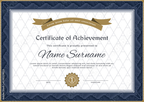 Certificate border. Blue ornamental frame for certificate blank, Vector illustration. Certificate hanging on the wall