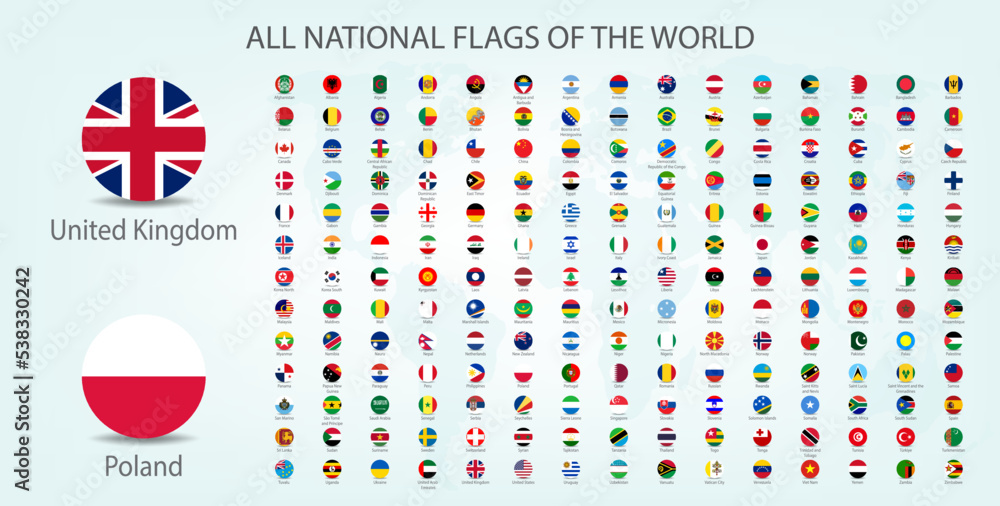All national flags of the world with names round shape with shadow flag isolated on white