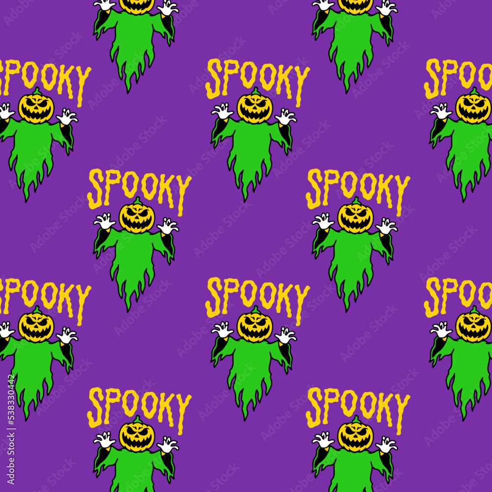 color spooky pumpkin ghost with an inscription seamless pattern on a colored background