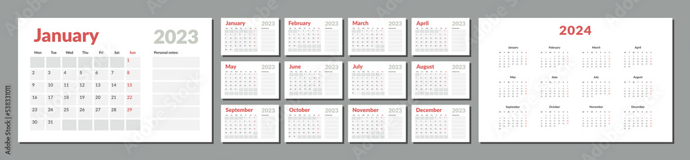 2023-2024 Calendar Planner Template with place for notes. Vector layout of a wall or desk simple calendar with week start monday. Calendar grid in grey color for print 2023-2024 Calendar Planner Template with place for notes. Vector layout of a wall or desk simple calendar with week start monday. Calendar grid in grey color for print