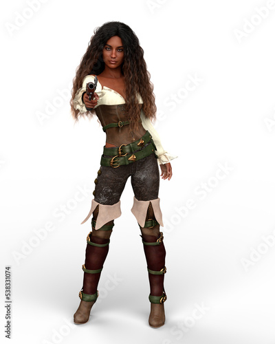 3D illustration of a beautiful young pirate woman standing and aiming a gun at the camera isolated on a transparent background.