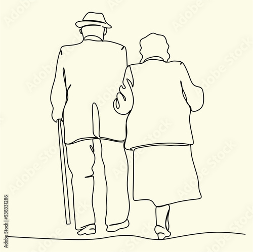 Elderly couple in continuous line art drawing style. Senior man and woman walking together holding hands. Minimalist black linear sketch isolated on white background. Vector illustration
