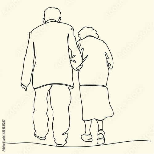 Elderly couple in continuous line art drawing style. Senior man and woman walking together holding hands. Minimalist black linear sketch isolated on white background. Vector illustration
